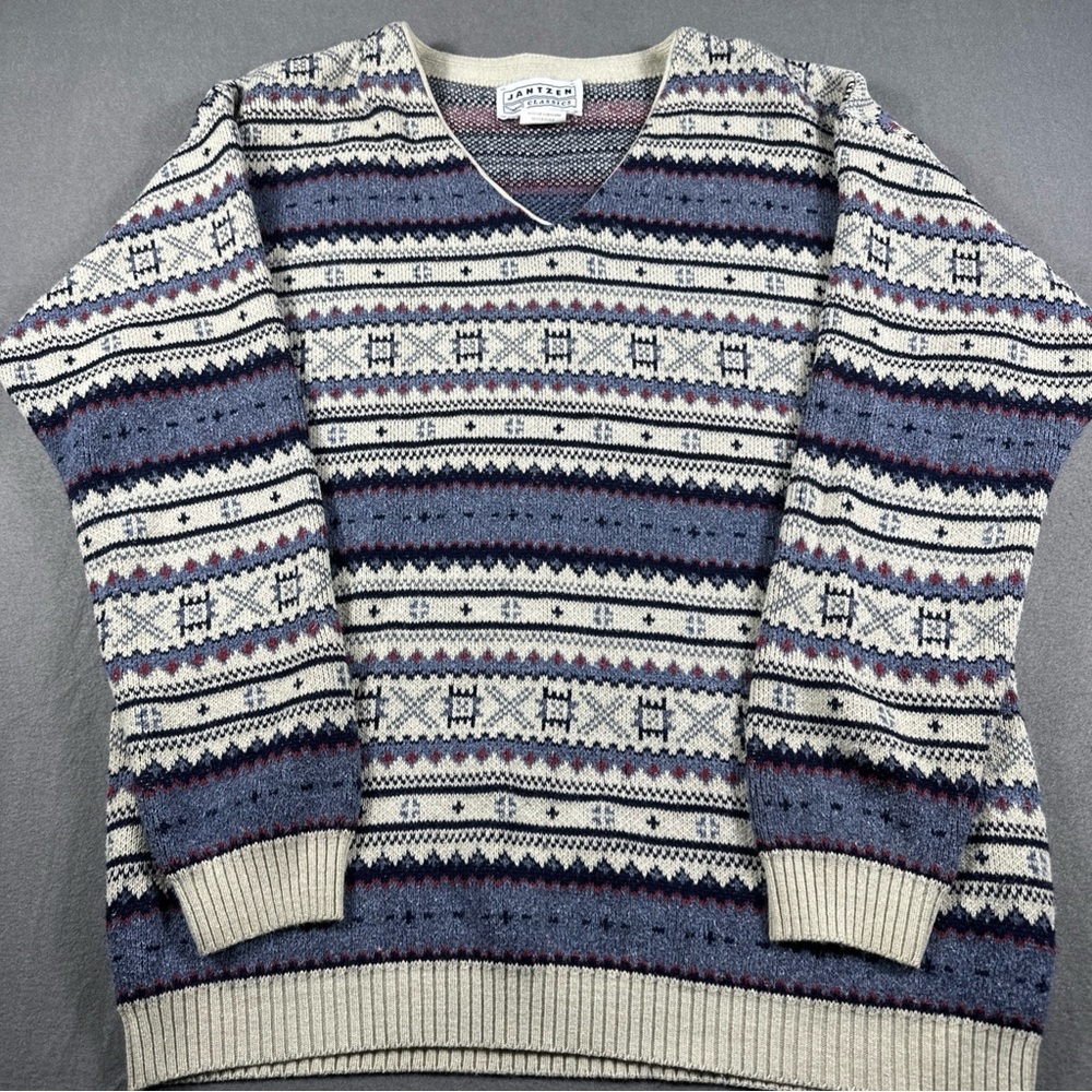 Vintage Jantzen V-Neck Sweater - Blue, Cream, and Purple